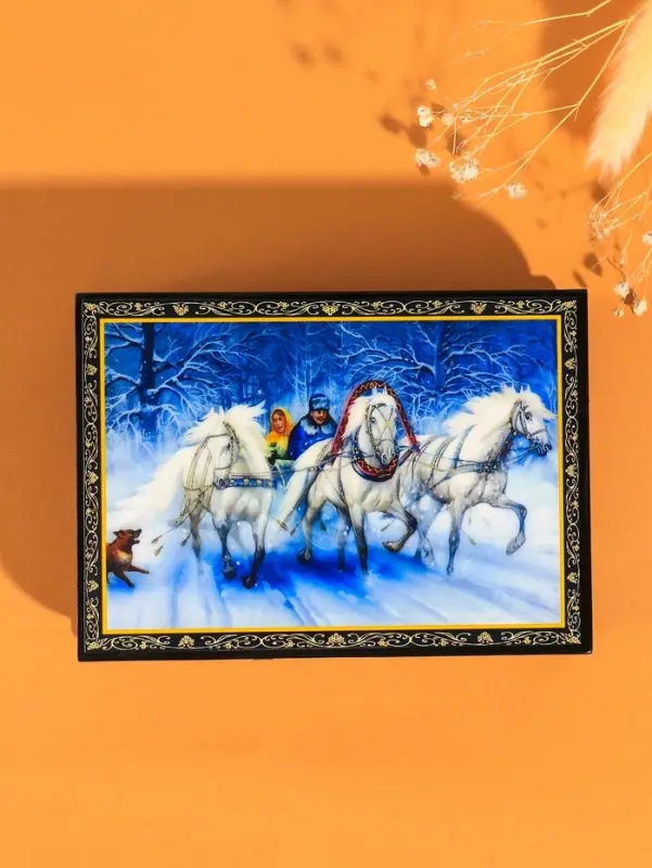 Шкатулка для украшений &laquo;Зимняя тройка коней&raquo;, 10&times;14 см, лаковая миниатюра