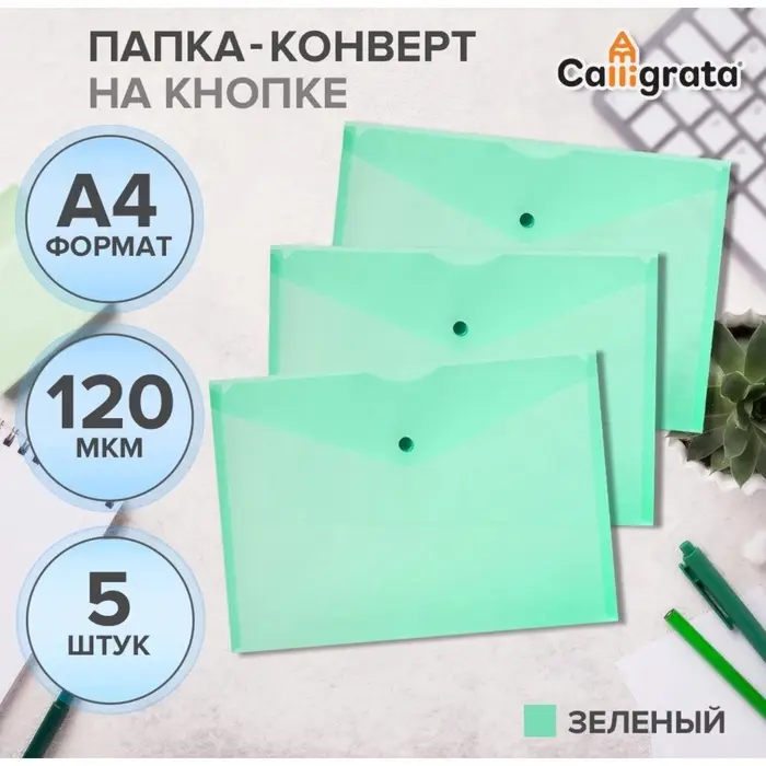 Набор папок-конвертов на кнопке 5 штук, А4, 120 мкм, Calligrata, прозрачные, зеленые