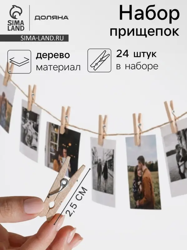 Прищепки Доляна, деревянные, 2.5&times;0.7 см, 24 шт.