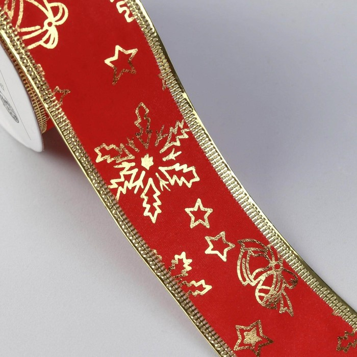 Лента бархатная с металлической нитью «Снежинки», 38 мм × 9 ± 0,5 м, цвет красный/золотой Лента бархатная с металлической нитью «Снежинки», 38 мм × 9 ± 0,5 м, цвет красный/золотой