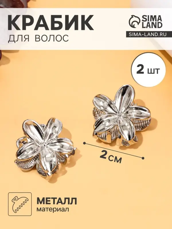 Крабики для волос QF &laquo;Орнелла&raquo;, набор 2 шт., 2 см, серебристый