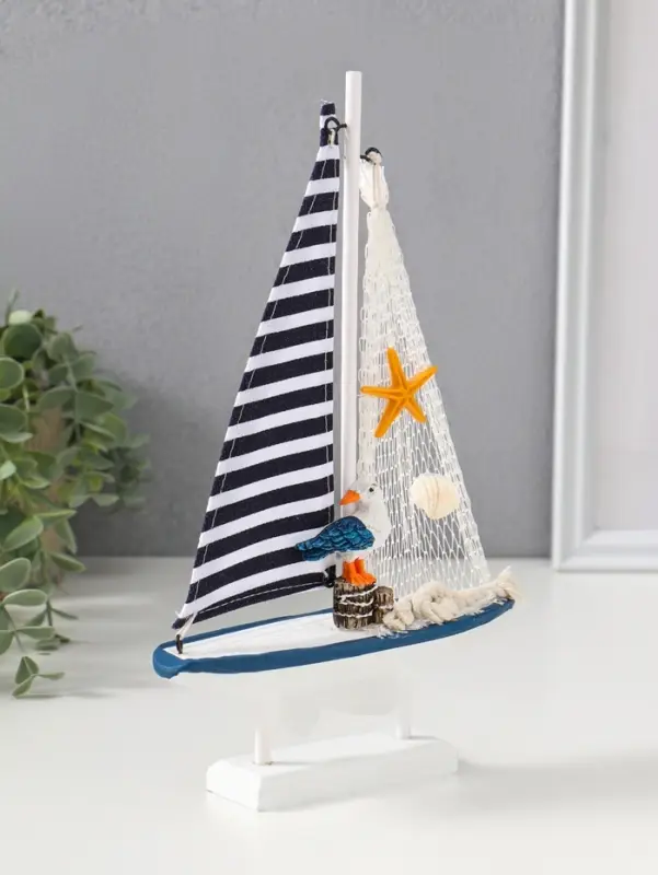 Сувенир дерево "Парусник с чайкой" бело-синий 16,5х4,5х27,5 см