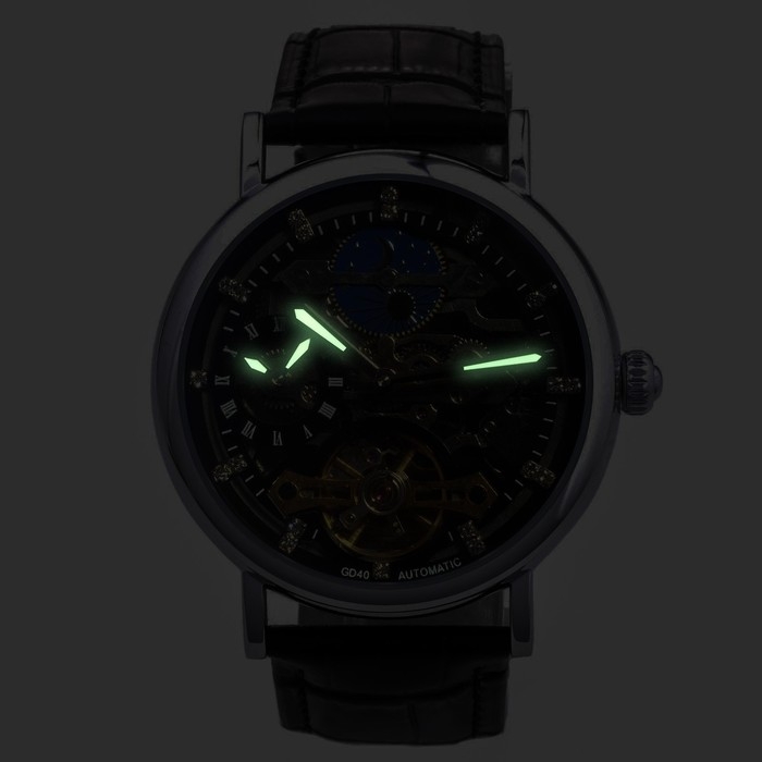 Часы наручные механические мужские, d-4.5 см, ремешок l-26 см, 3 АТМ, светящиеся