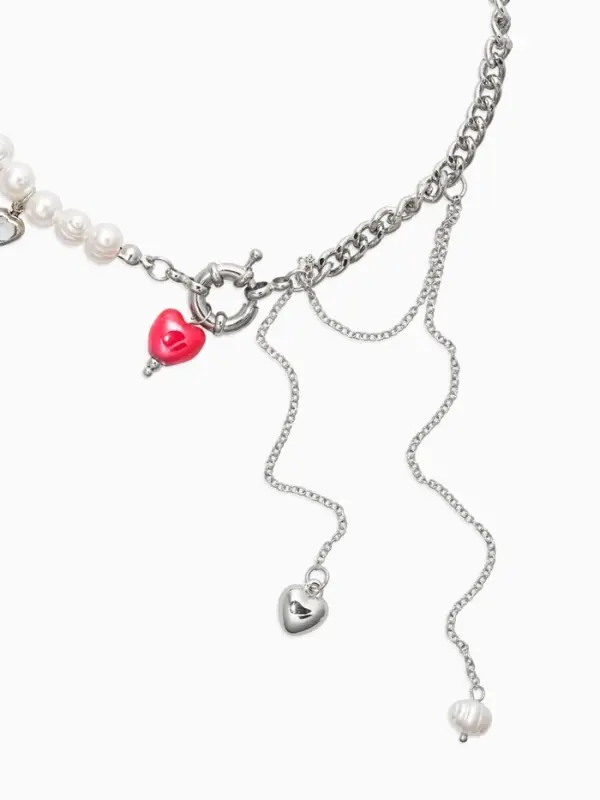 Колье с подвеской на цепочке &laquo;Сердце с жемчугом&raquo;, керамика, L=35 + удлинитель 5 см, белый, красный в серебре