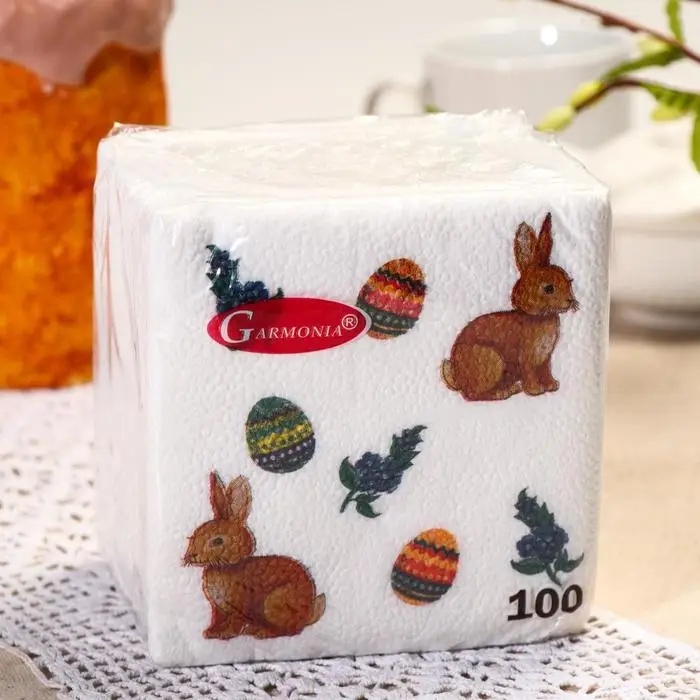 Салфетки бумажные «Гармония цвета. Зайчики», 24*24 см, 100 шт. Салфетки бумажные «Гармония цвета. Зайчики», 24*24 см, 100 шт.