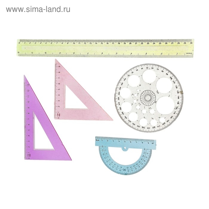 Набор геометрический, чертежный, блистер: линейка 30 см, 2 треугольника, транспортир, трафарет окружности, МИКС Набор геометрический, чертежный, блистер: линейка 30 см, 2 треугольника, транспортир, трафарет окружности, МИКС