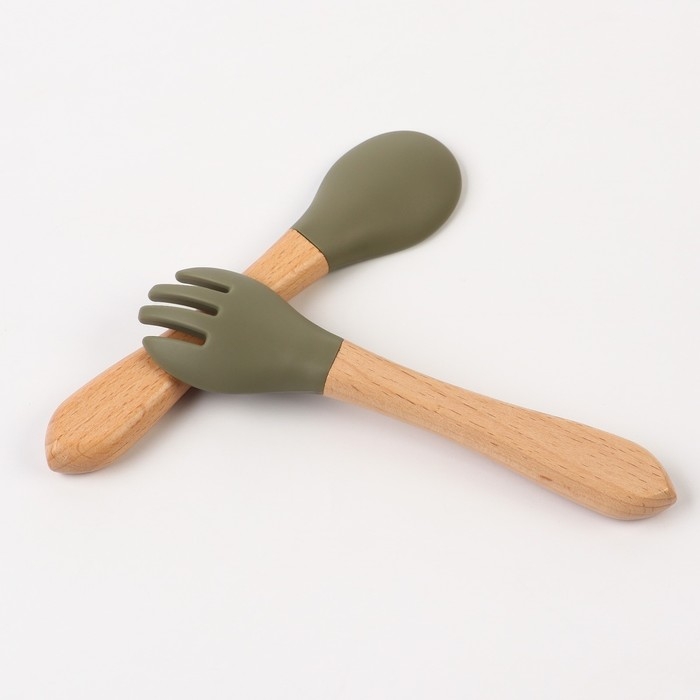 Набор детский столовых приборов, вилка и ложка M&B (силикон, бамбук), зеленый Набор детский столовых приборов, вилка и ложка M&B (силикон, бамбук), зеленый