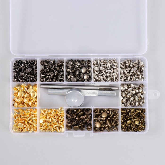 Набор заклёпок 244 шт 12 видов (8х8 мм; 6х6 мм) с молотком Набор заклёпок 244 шт 12 видов (8х8 мм; 6х6 мм) с молотком