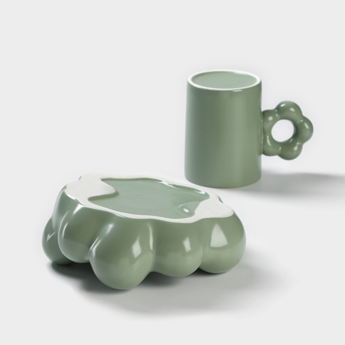 Кофейная пара керамическая «Ромашка», 2 предмета: кружка 260 мл, блюдце d=17 см, цвет зелёный