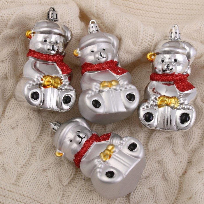 Ёлочная игрушка Ёлочная игрушка "Мишка в шарфике" (набор 4 шт) 5,5х8 см, серебро