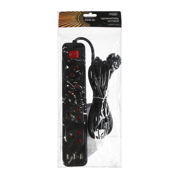 Удлинитель Luazon Lighting, 2 евро+2 унив.роз., 3 м,2200Вт, 2х0.75 мм2, 3хUSB, с выключателем, чёрный Удлинитель Luazon Lighting, 2 евро+2 унив.роз., 3 м,2200Вт, 2х0.75 мм2, 3хUSB, с выключателем, чёрный