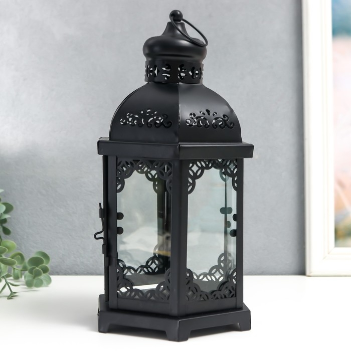 Подсвечник металл, стекло Подсвечник металл, стекло "Фонарь - цветущие вензеля" d-10 см чёрный 13,5х15х29 см