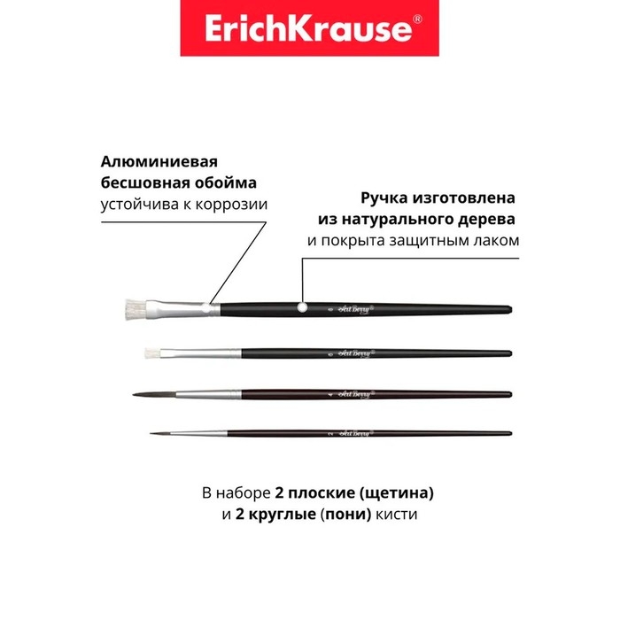 Набор кистей, микс, 4 штуки, Erich Krause. Состав:  Набор кистей, микс, 4 штуки, Erich Krause. Состав: "Пони" круглые № 2 и № 6, щетина плоская № 4 и № 8, в блистере
