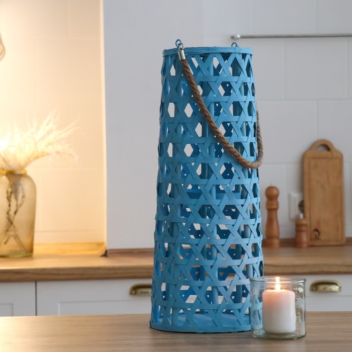 Подсвечник дерево  Подсвечник дерево "Фонарик. Звёздное плетение" голубой 51х16х16 см