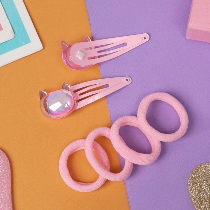 Набор для волос Набор для волос "Розовое чудо" (2 невидимки 5 см, 4 резинки) киска, розовый