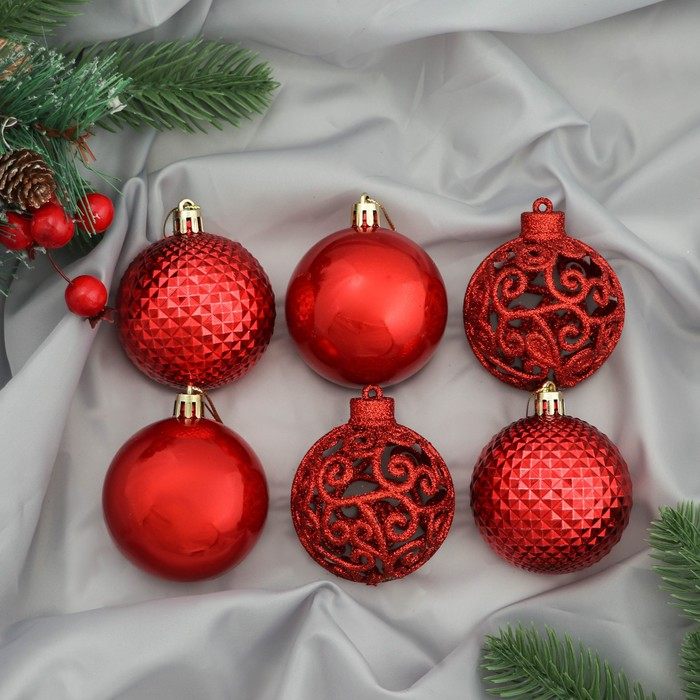Набор шаров пластик d-6 см, 10 шт Набор шаров пластик d-6 см, 10 шт "Блеск ажура" красный