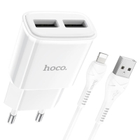 Сетевое зарядное устройство Hoco C88A, 2 USB, 2.4 А, кабель Lightning - USB, 1 м, белый