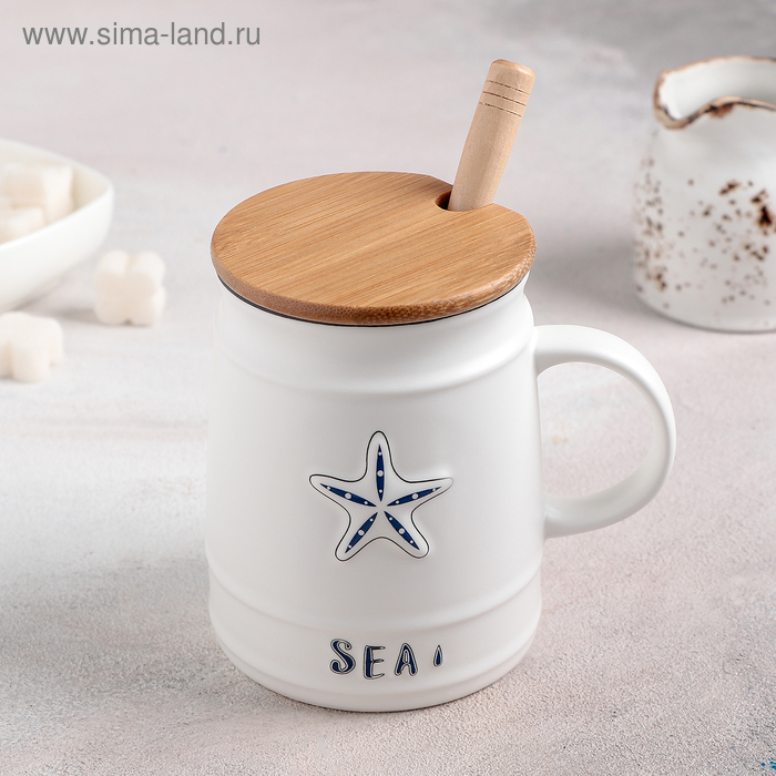 Кружка керамическая с деревянной крышкой и ложкой «Морская», 400 мл, рисунок МИКС Кружка керамическая с деревянной крышкой и ложкой «Морская», 400 мл, рисунок МИКС