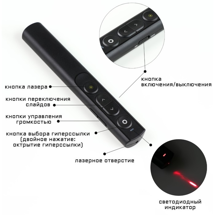 Лазерная указка-презентер, ААА, 2.4 G 30 метров, 650 нм, дальность лазера 200 м, чёрная Лазерная указка-презентер, ААА, 2.4 G 30 метров, 650 нм, дальность лазера 200 м, чёрная