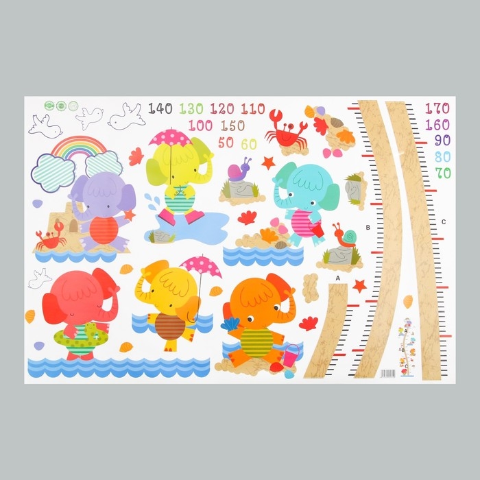 Наклейка пластик интерьерная цветная ростомер  Наклейка пластик интерьерная цветная ростомер "Слонята" 60x90