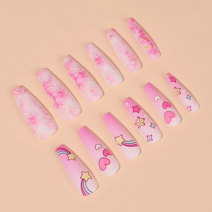 Накладные ногти «Звёздочка», 12 шт, с клеевыми пластинами, форма балерина, цвет розовый Накладные ногти «Звёздочка», 12 шт, с клеевыми пластинами, форма балерина, цвет розовый