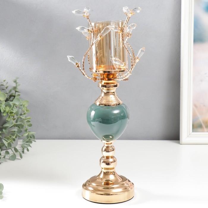 Подсвечник металл на 1 свечу Подсвечник металл на 1 свечу "Веточки с кристаллами. Сине-зелёный шар" золото 38х17х17 см
