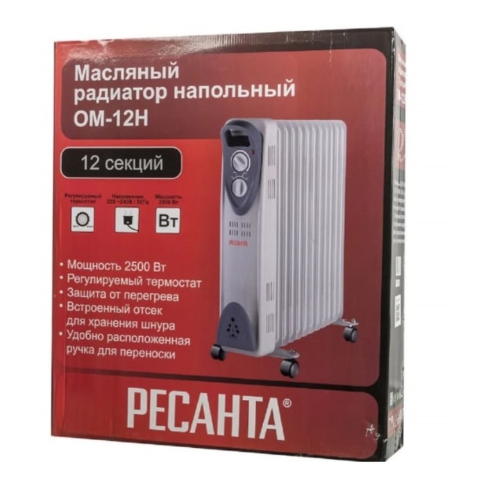 Масляный обогреватель "Ресанта" ОМ-12Н, 2500 Вт, 12 секций, 25 м², белый