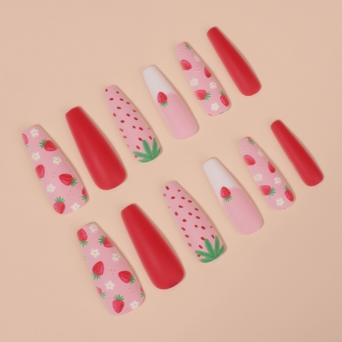 Накладные ногти «Клубничка», 12 шт, с клеевыми пластинами, форма балерина, разноцветные Накладные ногти «Клубничка», 12 шт, с клеевыми пластинами, форма балерина, разноцветные