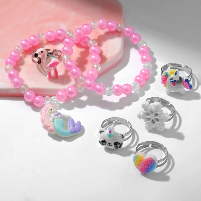 Набор детский «Выбражулька» 7 предметов: 2 браслета, 5 колец, русалка, форма МИКС, цветной Набор детский «Выбражулька» 7 предметов: 2 браслета, 5 колец, русалка, форма МИКС, цветной