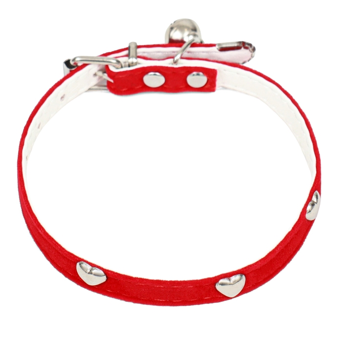 Ошейник бархатистый с сердечками, 32 х 1 см, ОШ 23-29, текстиль и кожзам, красный Ошейник бархатистый с сердечками, 32 х 1 см, ОШ 23-29, текстиль и кожзам, красный