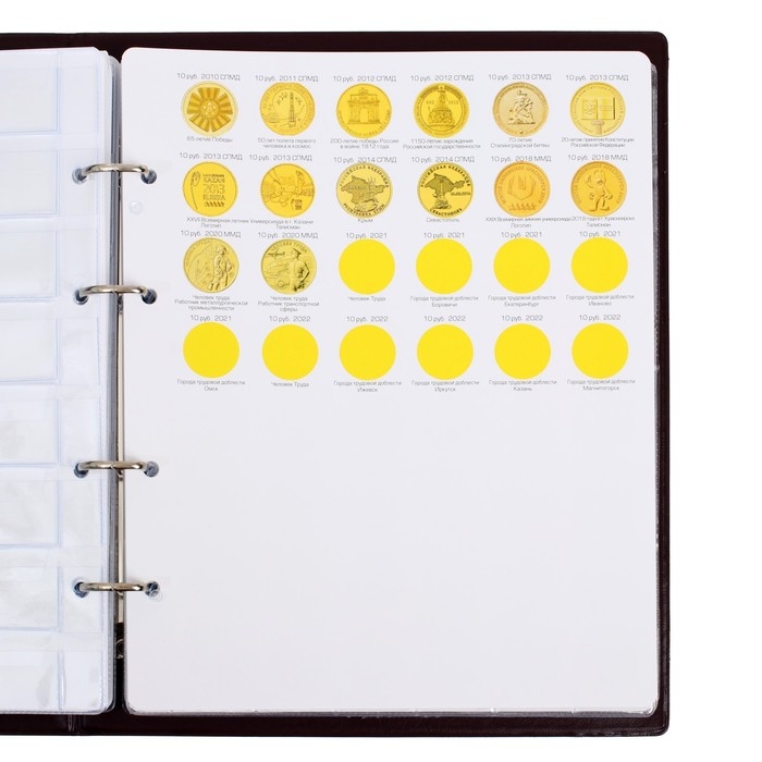 Альбом для монет на кольцах 225 х 265 мм,  Альбом для монет на кольцах 225 х 265 мм, "Памятные монеты РФ", обложка ПВХ, 13 листов и 13 цветных картонных вставок, коричневый