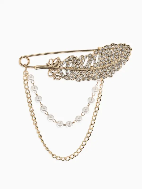 Булавка &laquo;Перо&raquo; в стразах, цепочка, жемчуг, L=7.5 см, цвет белый в золоте