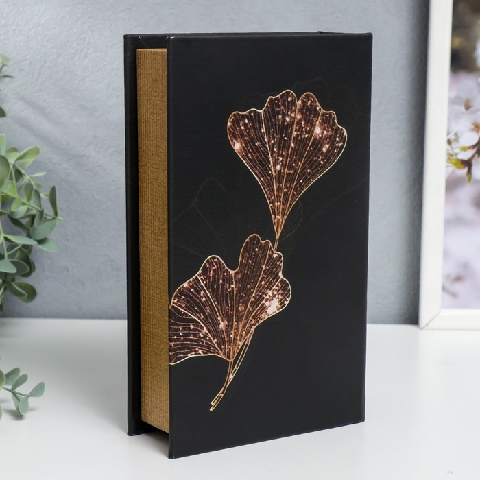 Сейф-книга дерево кожзам  Сейф-книга дерево кожзам "Золотые лепестки на чёрном" 21х13х5 см