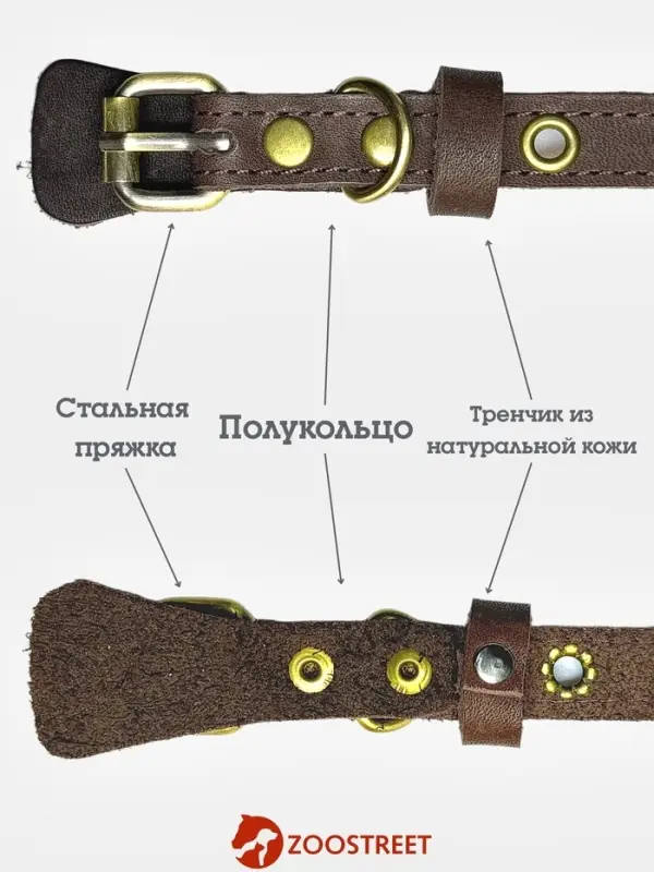 Ошейник безразмерный, 35&times;1.5 см, с подпряжником, кожа, коричневый