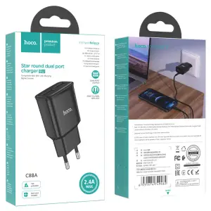 Переходник сетевого зарядного устройства на 2 USB 2.4A C88A HOCO черный