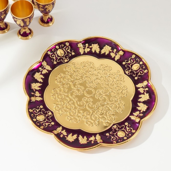 Набор винный кувшин, 6 бокалов и поднос  Набор винный кувшин, 6 бокалов и поднос "Турция. Виноград" фиолетовый с золотом