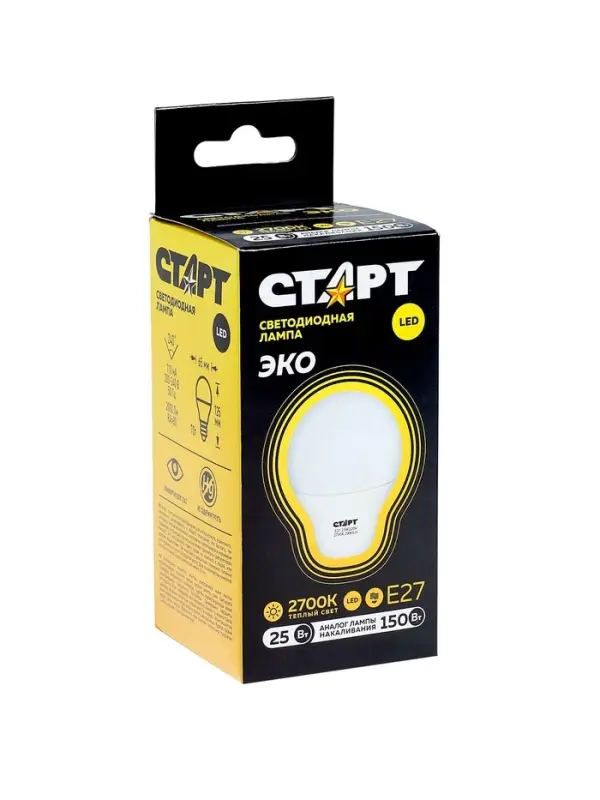 Лампа светодиодная СТАРТ, 25 Вт, Е27, А60, 2700К, 2000 Лм, свечение тёплое белое