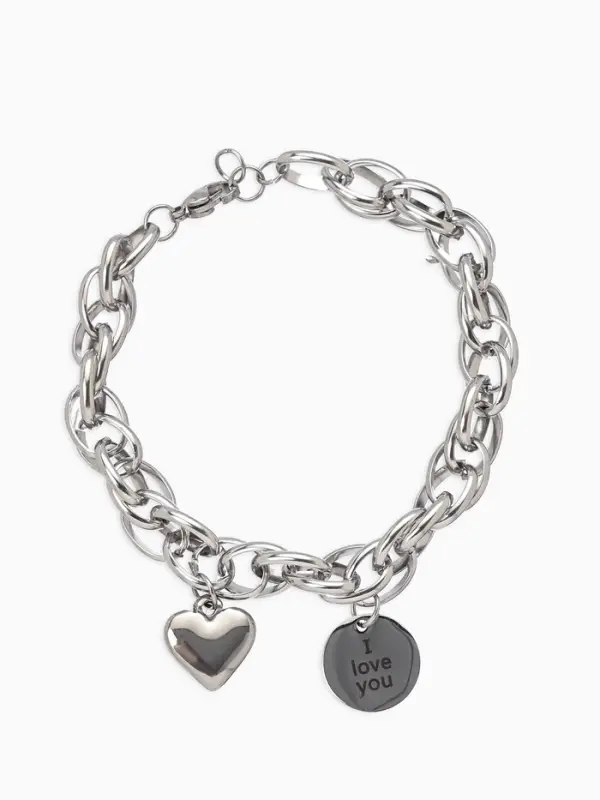Браслет цепочка с подвесками &laquo;Сердце и медальон с надписью я тебя люблю&raquo;, L=19 см, металл, цвет серебро