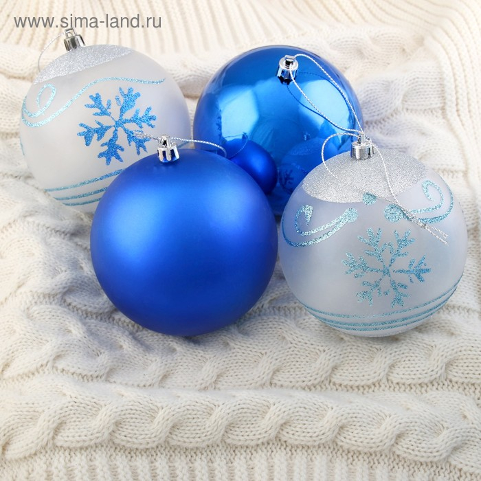 Набор шаров пластик d-10 см, 4 шт Набор шаров пластик d-10 см, 4 шт "Снежный вальс" синий белый