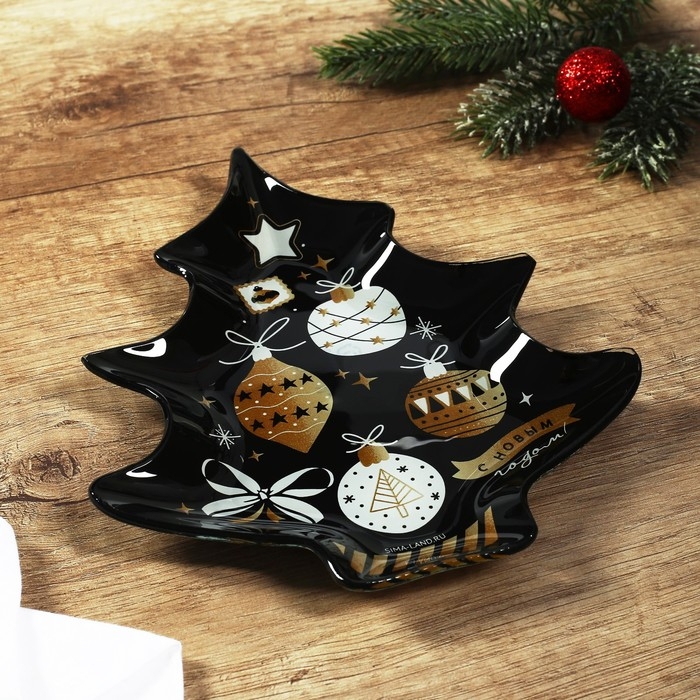 Тарелка в форме ёлки новогодняя Дорого внимание «С Новым годом. Игрушки», 19,5 х 16,5 см, стекло Тарелка в форме ёлки новогодняя Дорого внимание «С Новым годом. Игрушки», 19,5 х 16,5 см, стекло