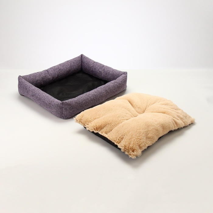 Лежанка для животных, 60 х 50 х 15 см, рогожка, искусственный мех, сиреневая Лежанка для животных, 60 х 50 х 15 см, рогожка, искусственный мех, сиреневая