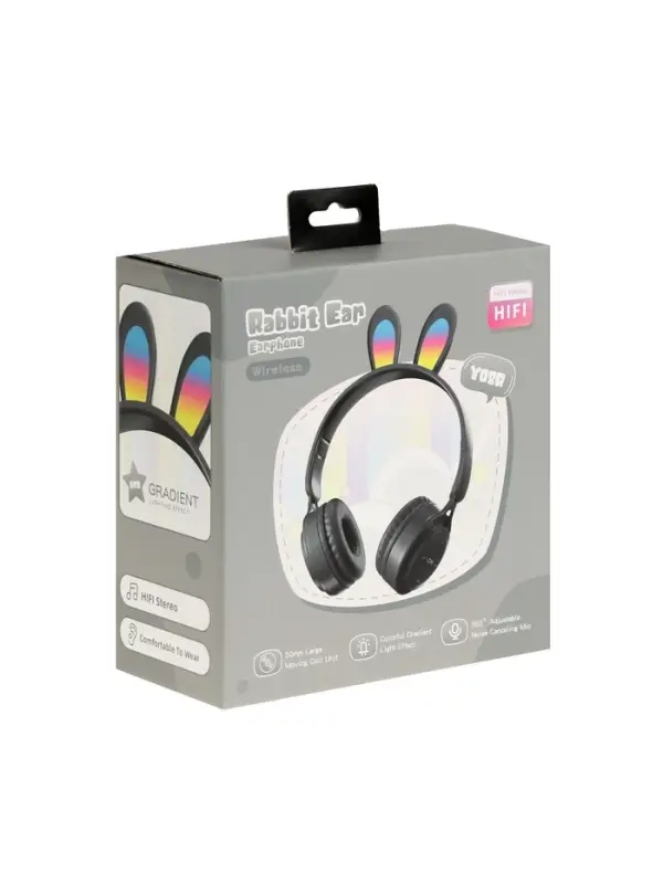 Наушники детские, беспроводные, накладные, с ушками зайца, Y08R, Bluetooth 5.1, с микрофоном, с подсветкой, 400 мАч, чёрные