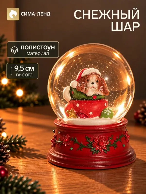 Снежный шар &laquo;Щеночек в новогоднем носке&raquo;, d=6.5 см, 6.5&times;7.5&times;9.5 см