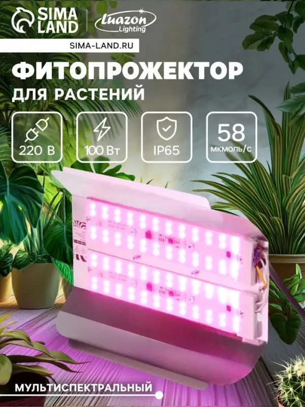 Фитопрожектор для растений Luazon Lighting СДО09-100, светодиодный, 100 Вт, IP65, 220 В, бескорпусный, мультиспектральный