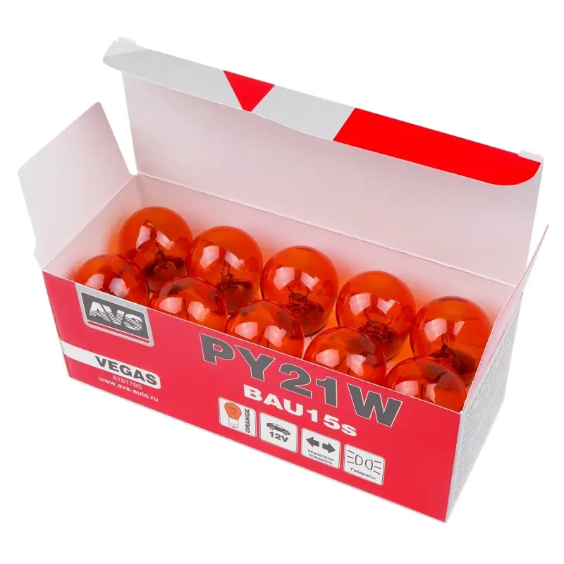 Лампа AVS Vegas 12V. PY21W(BAU15S) "orange" BOX 10шт. смещ.штифт