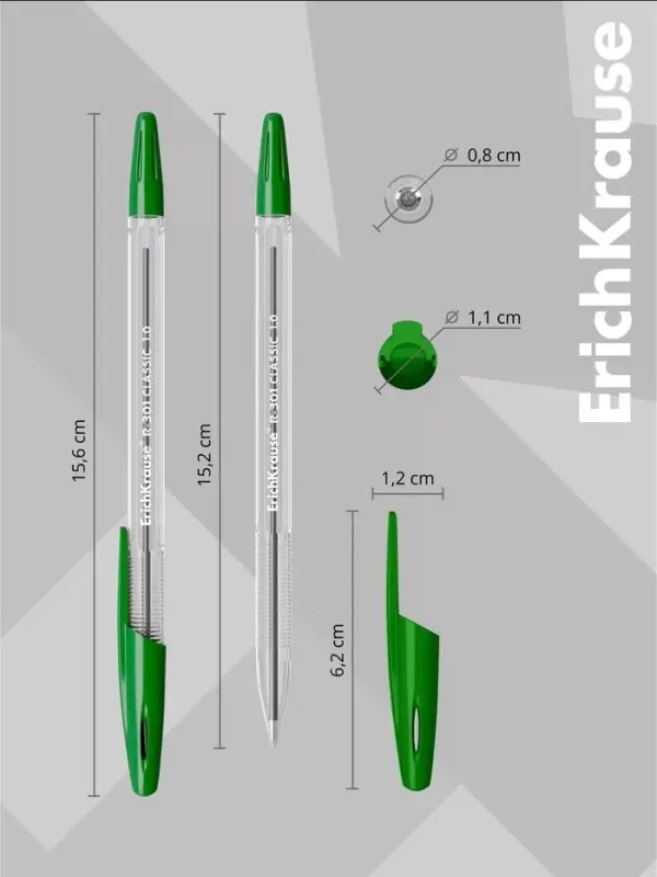 Ручка шариковая Erich Krause. R=301 Classic Stick, зелёный стержень, узел 1 мм