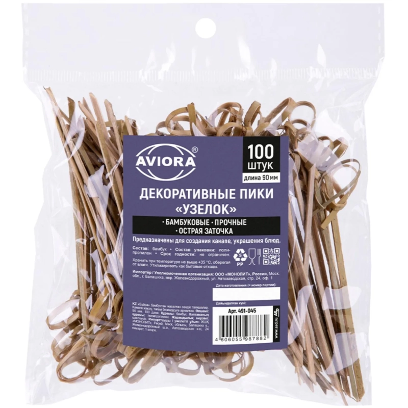 Пики для канапе бамбук Узелок 90мм 100шт/уп 491-045