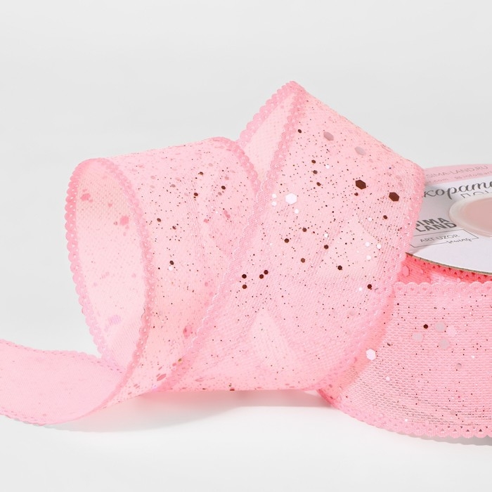 Лента декоративная, с глиттером, 38 мм, 9 ± 0,5 м, цвет розовый Лента декоративная, с глиттером, 38 мм, 9 ± 0,5 м, цвет розовый