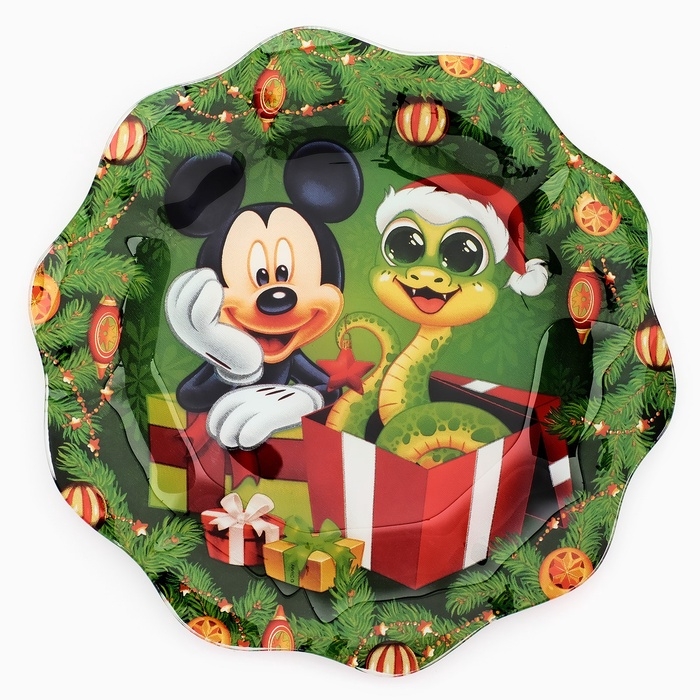 Тарелка стеклянная новогодняя символ года 2025 Змея «Новогодний сюрприз», Микки Маус, 23 см Тарелка стеклянная новогодняя символ года 2025 Змея «Новогодний сюрприз», Микки Маус, 23 см