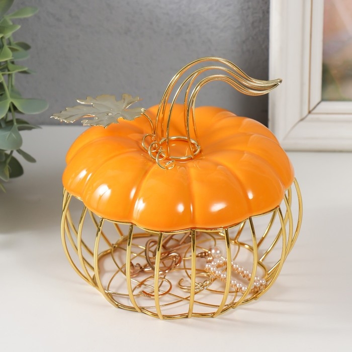 Шкатулка металл, керамика Шкатулка металл, керамика "Тыква с листочком" оранжевая с золотом 14х14х13 см